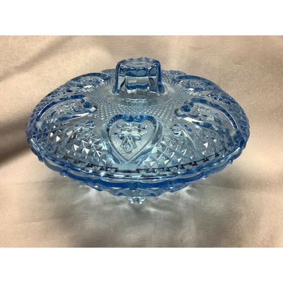 Indiana Glass Aqua Lidded Candy Dish, Heart and Flowers Pattern - Picture 2 of 11